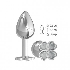 Малая анальная металлическая пробка Silver клевер - серебристая с прозрачными кристаллами - 7 см
