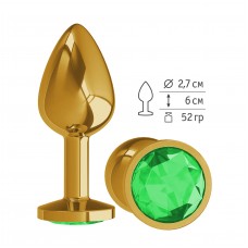 Малая золотистая металлическая пробка Gold Small с зелёным кристаллом - 7 см